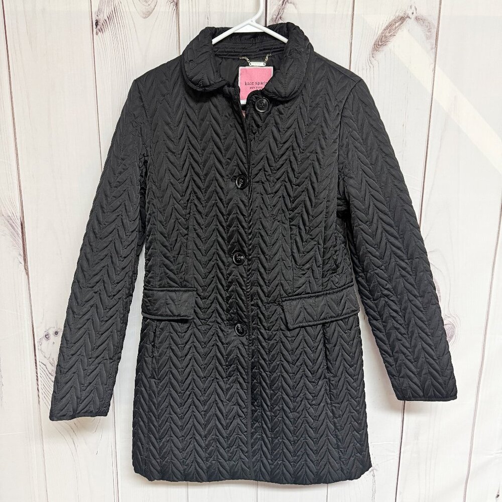Kate Spade Women’s Chevron Quilted Jacket Small Black Long Coat EUC